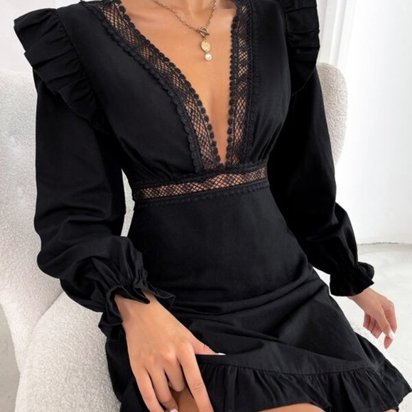 Plunging Neck Lace Ruffle Long Sleeve Mini Dress Black - Picture 8 of 12